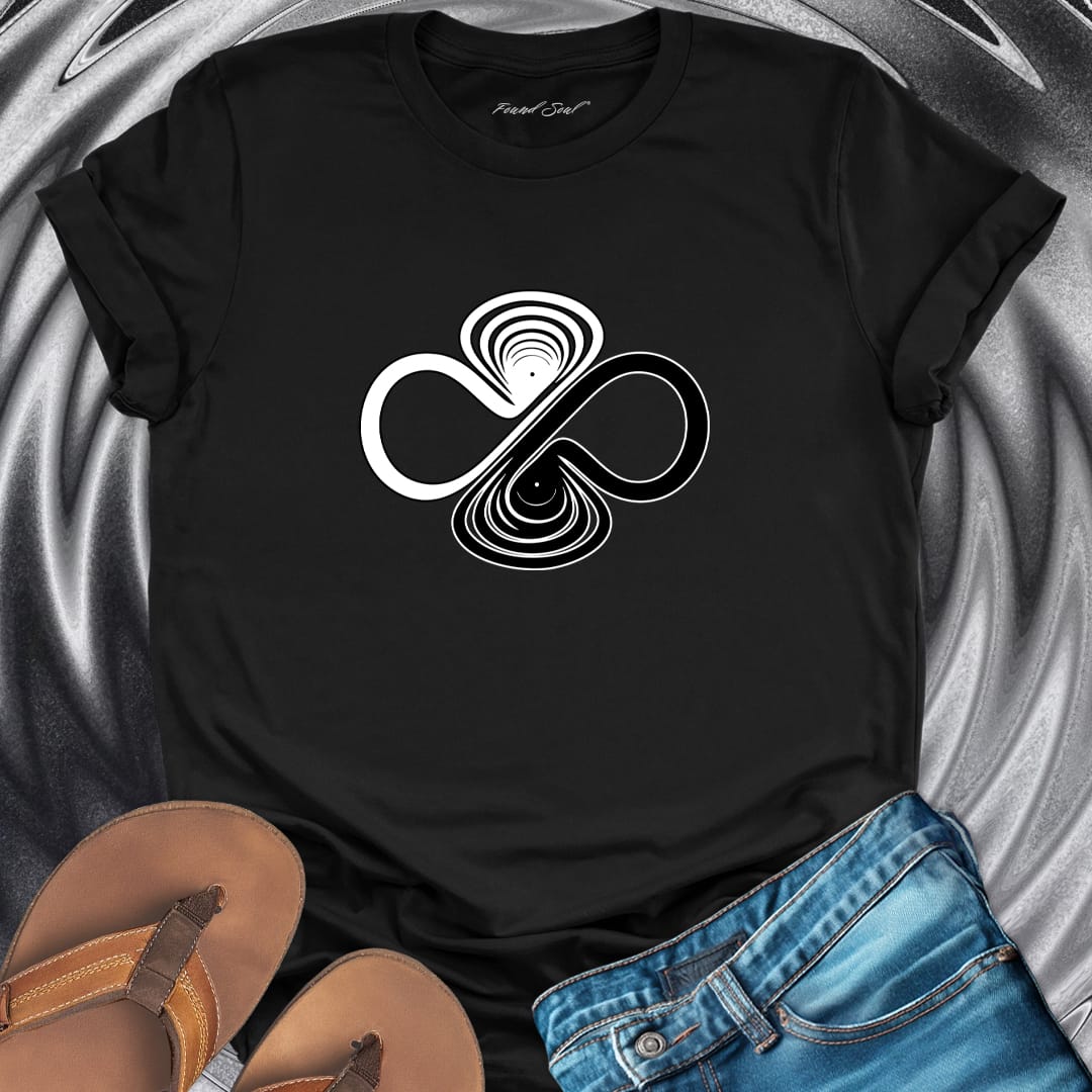 Infinity symbol with balance scales black t-shirt for equilibrium and wholeness spiritual apparel.