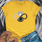 Infinity symbol with balance scales yellow t-shirt for equilibrium and wholeness spiritual apparel.