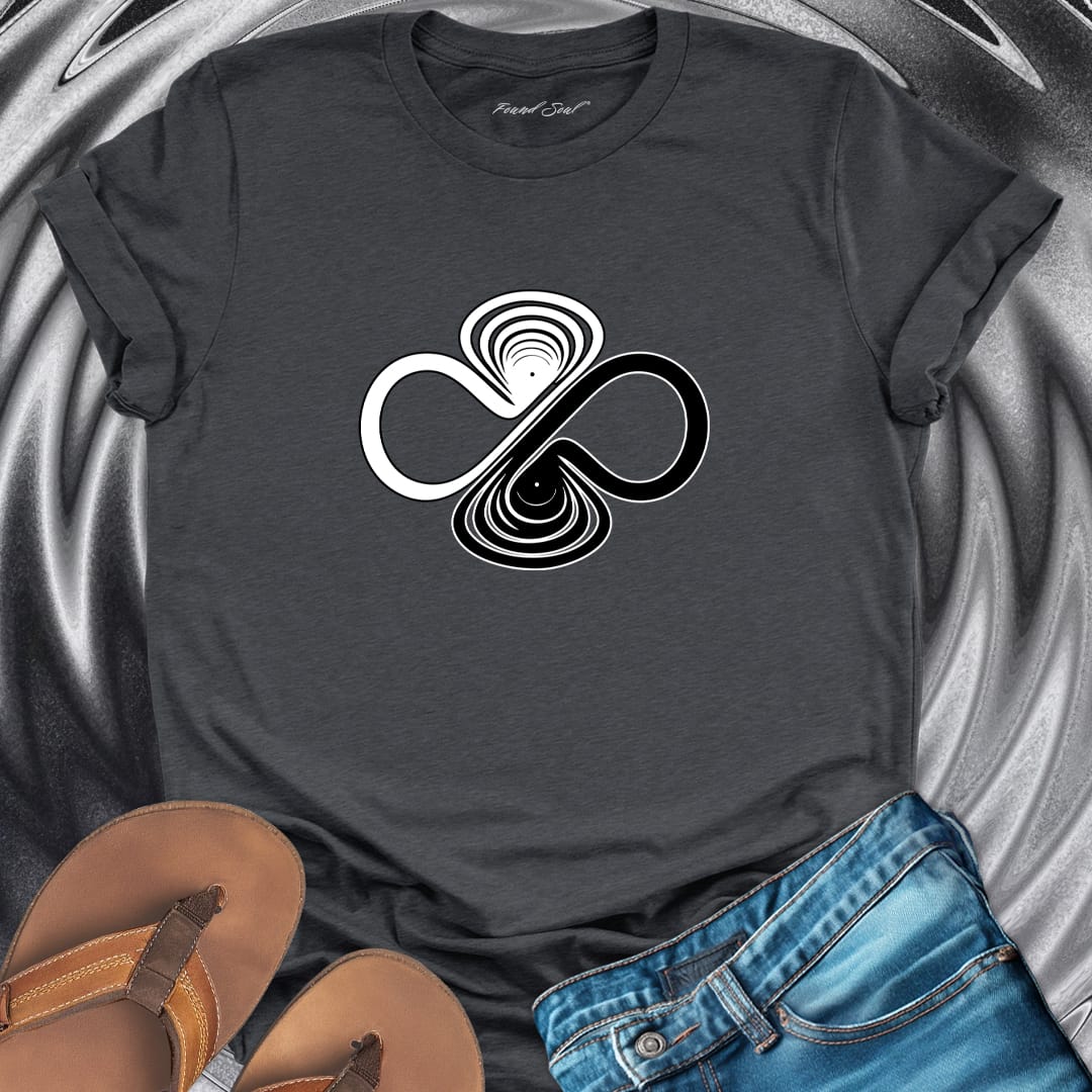 Infinity symbol with balance scales grey t-shirt for equilibrium and wholeness spiritual apparel.