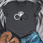 Infinity symbol with balance scales grey t-shirt for equilibrium and wholeness spiritual apparel.