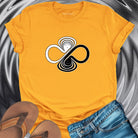 Infinity symbol with balance scales yellow t-shirt for equilibrium and wholeness spiritual apparel.