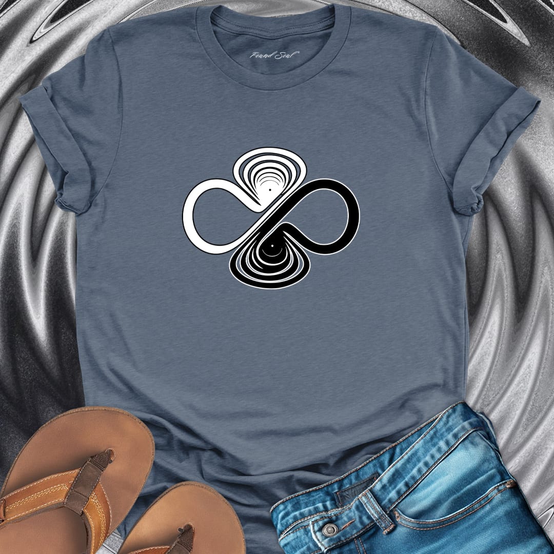 Infinity symbol with balance scales light grey t-shirt for equilibrium and wholeness spiritual apparel.