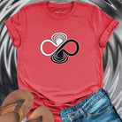 Infinity symbol with balance scales red t-shirt for equilibrium and wholeness spiritual apparel.