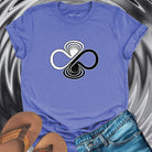 Infinity symbol with balance scales purple t-shirt for equilibrium and wholeness spiritual apparel.