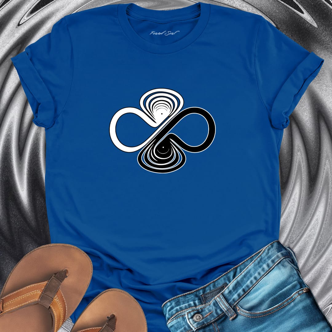 Infinity symbol with balance scales blue t-shirt for equilibrium and wholeness spiritual apparel.