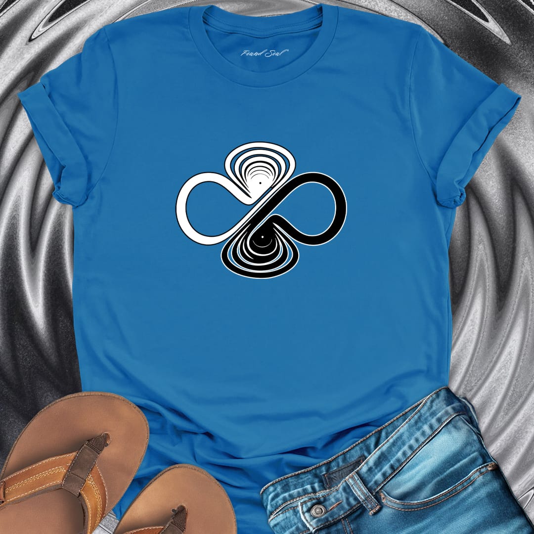 Infinity symbol with balance scales blue t-shirt for equilibrium and wholeness spiritual apparel.