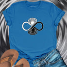 Infinity symbol with balance scales blue t-shirt for equilibrium and wholeness spiritual apparel.