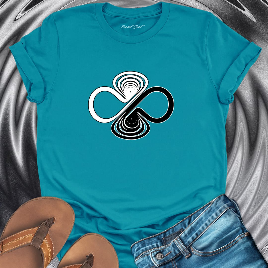 Infinity symbol with balance scales teal t-shirt for equilibrium and wholeness spiritual apparel.
