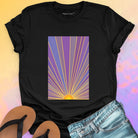 Sunrise with radiating rays in purple and gold black t-shirt for dawn watching infinite potential morning ritual