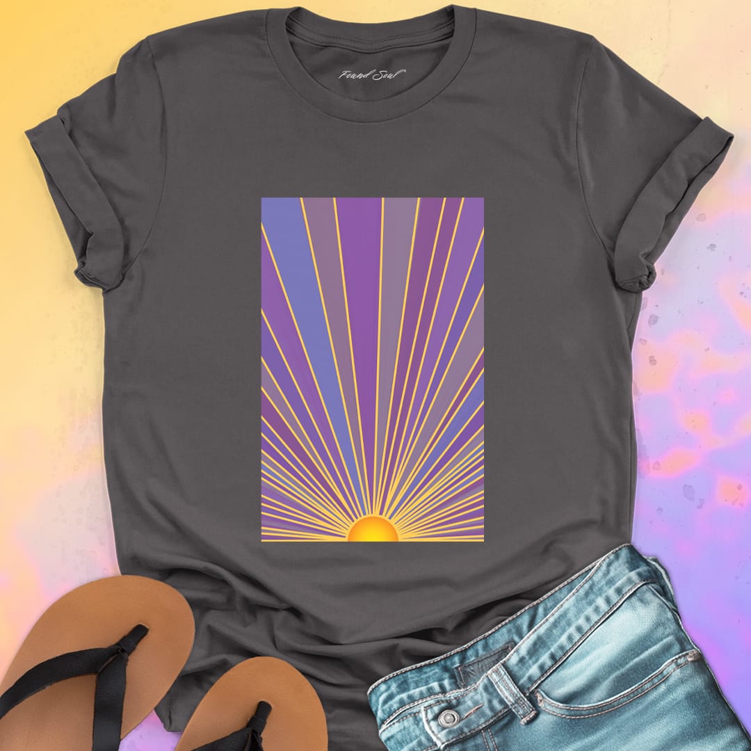 Sunrise with radiating rays in purple and gold grey t-shirt for dawn watching infinite potential morning ritual