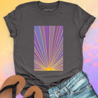 Sunrise with radiating rays in purple and gold grey t-shirt for dawn watching infinite potential morning ritual