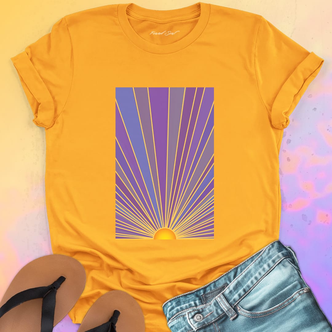 Sunrise with radiating rays in purple and gold gold t-shirt for dawn watching infinite potential morning ritual