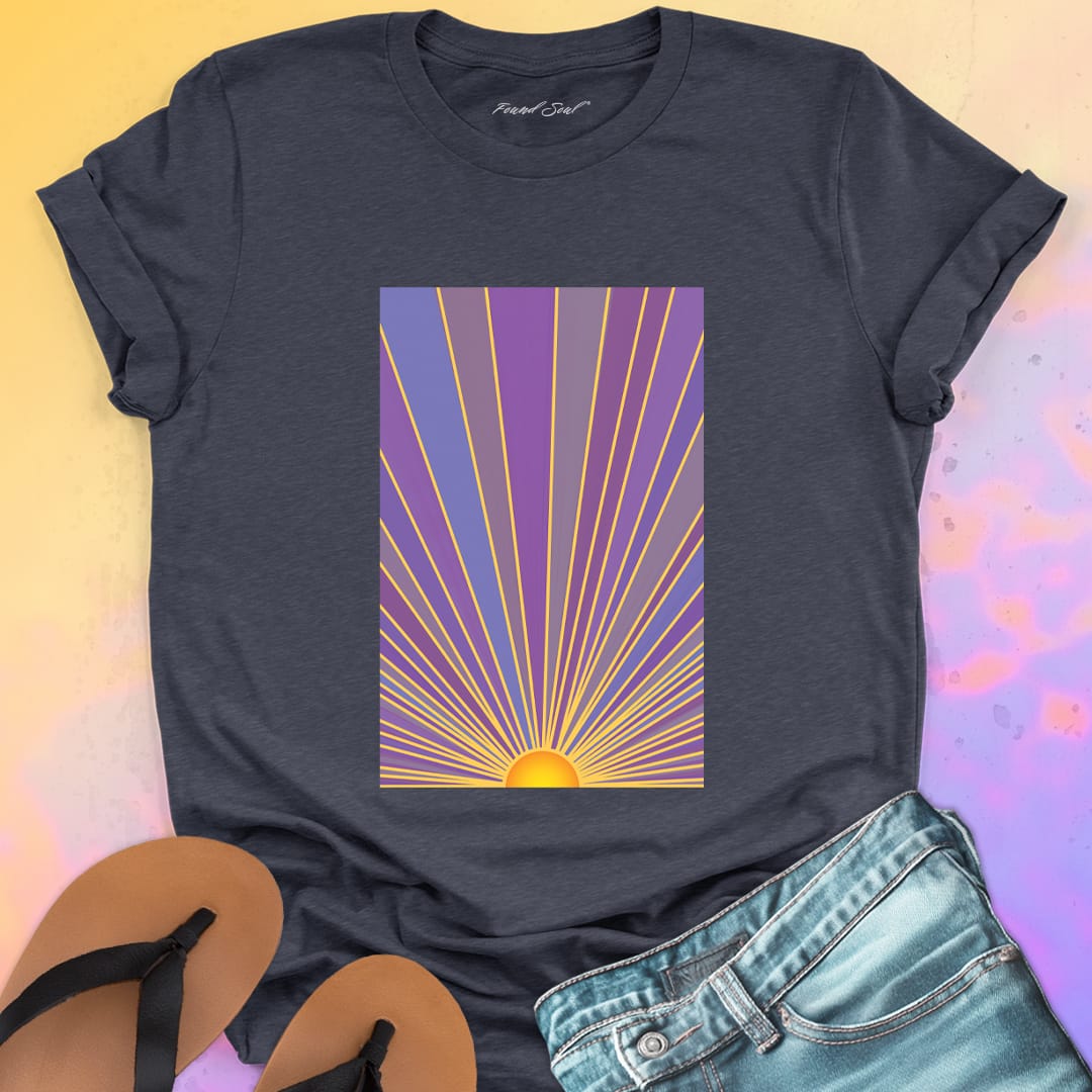 Sunrise with radiating rays in purple and gold dark grey t-shirt for dawn watching infinite potential morning ritual