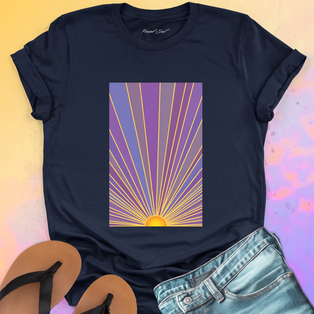 Sunrise with radiating rays in purple and gold navy t-shirt for dawn watching infinite potential morning ritual