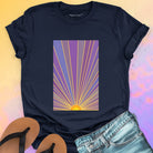 Sunrise with radiating rays in purple and gold navy t-shirt for dawn watching infinite potential morning ritual