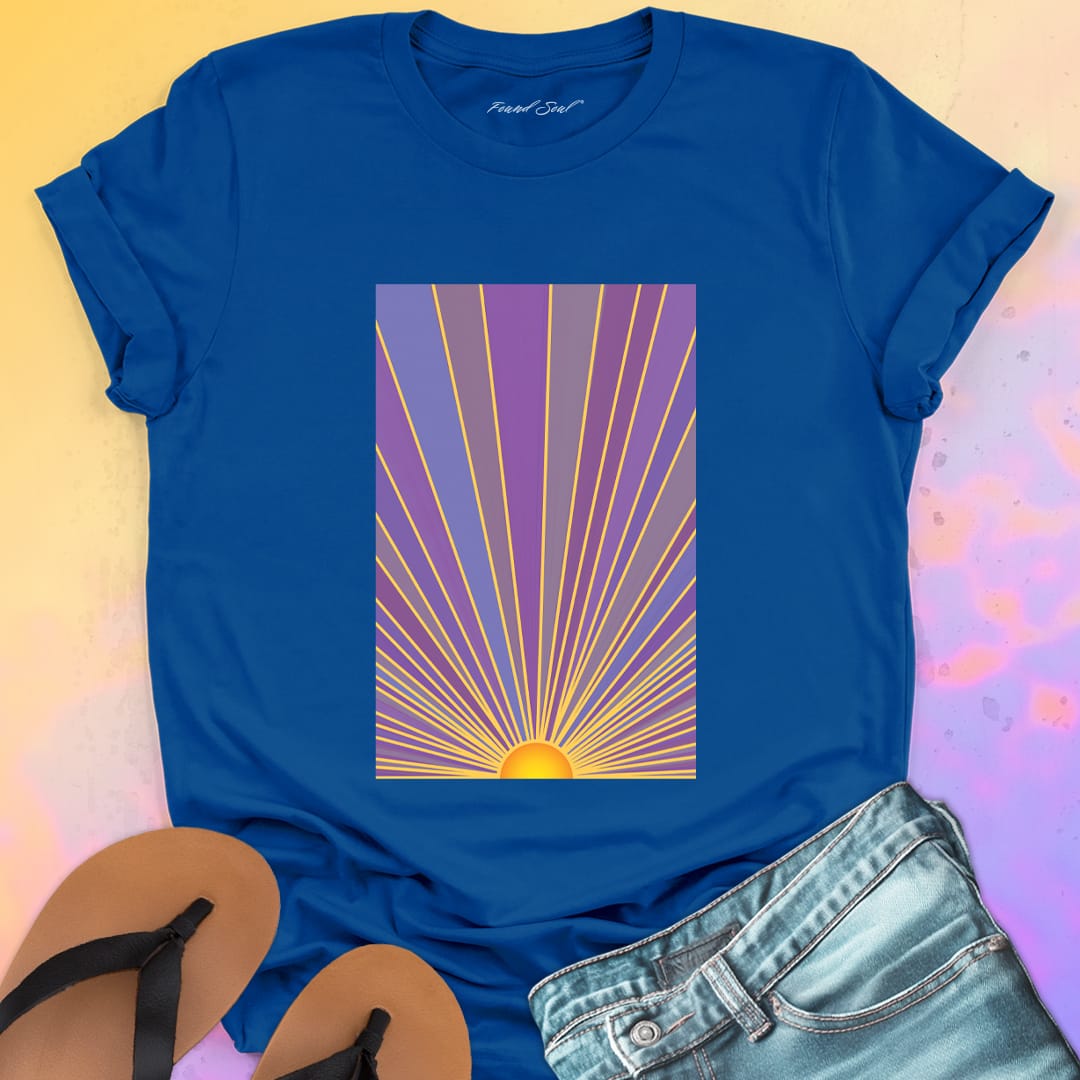 Sunrise with radiating rays in purple and gold blue t-shirt for dawn watching infinite potential morning ritual