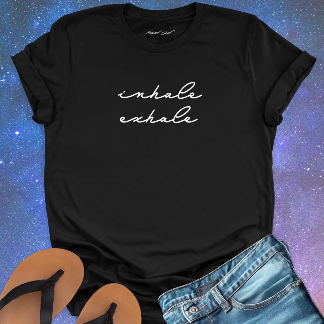 Inhale exhale black t-shirt for breath work and mindfulness.