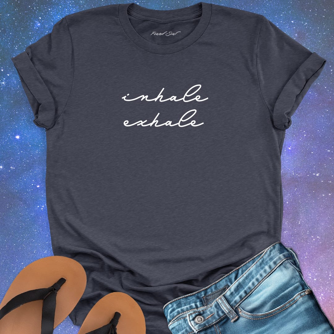 Inhale exhale dark grey t-shirt for breath work and mindfulness.