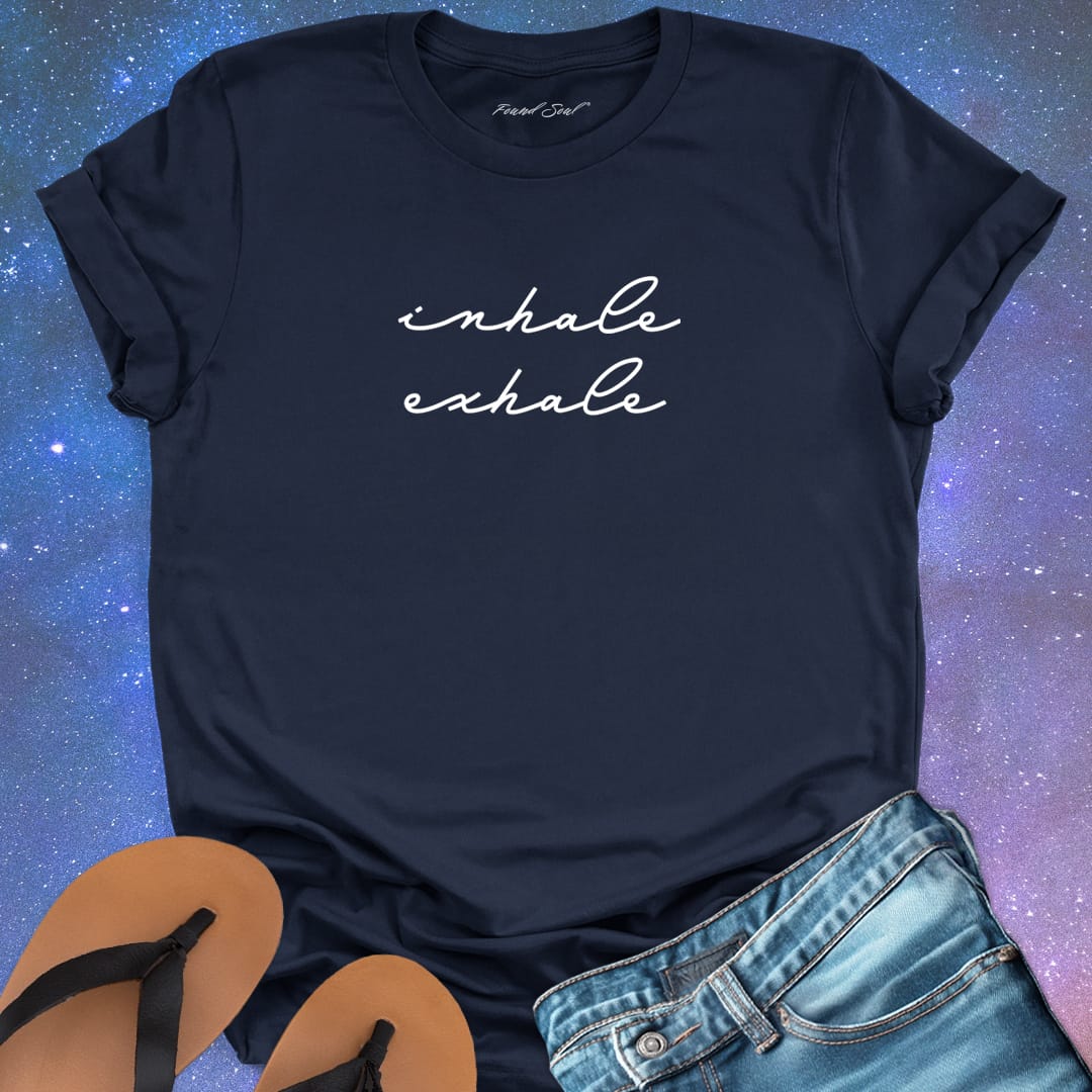 Inhale exhale navy t-shirt for breath work and mindfulness.