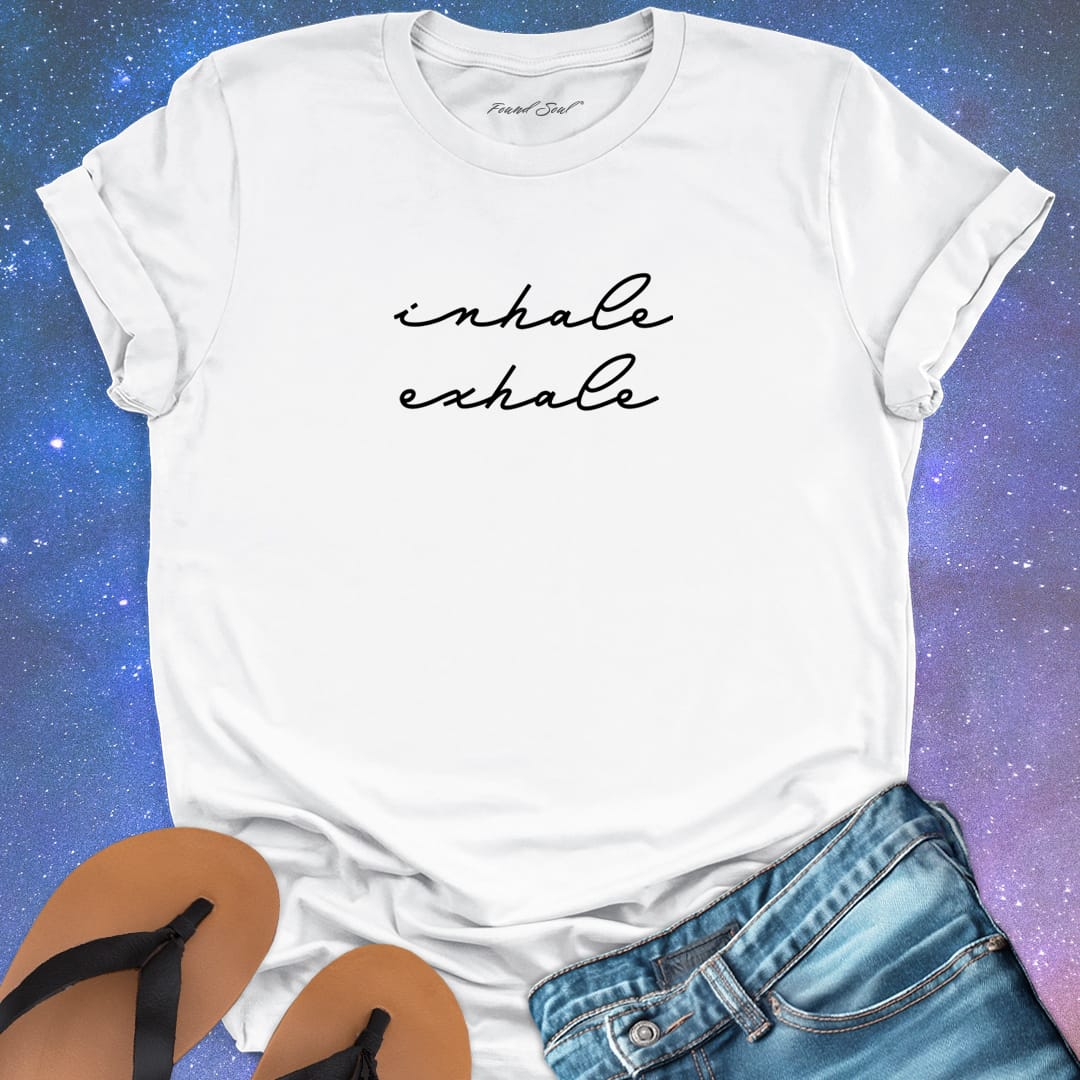 Inhale exhale white t-shirt for breath work and mindfulness.