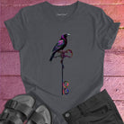 Vibrant bird perched on infinity symbol key on grey t-shirt for freedom access unlocking infinity spiritual liberation key