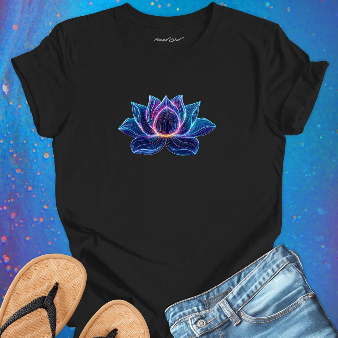 Glowing lotus flower black t-shirt for inner wisdom and self realization.