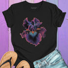 Dramatic iris flower black t-shirt for twilight blooming threshold transformation edge dwelling spiritual radiance