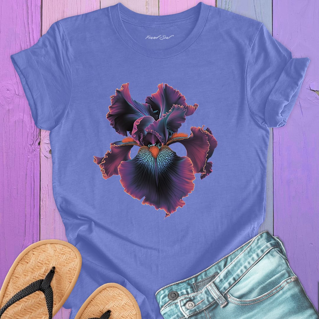 Dramatic iris flower purple t-shirt for twilight blooming threshold transformation edge dwelling spiritual radiance
