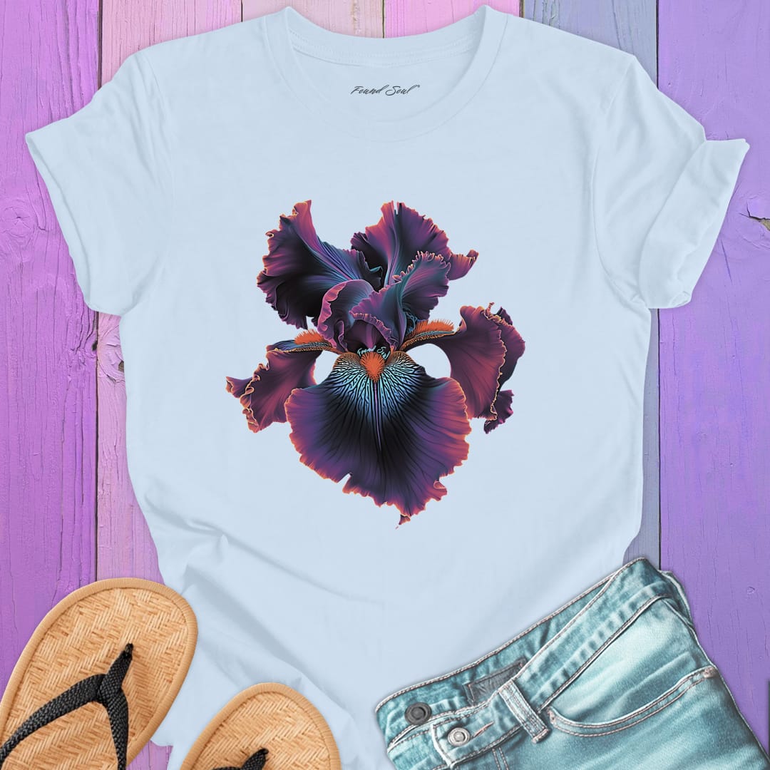 Dramatic iris flower light blue t-shirt for twilight blooming threshold transformation edge dwelling spiritual radiance