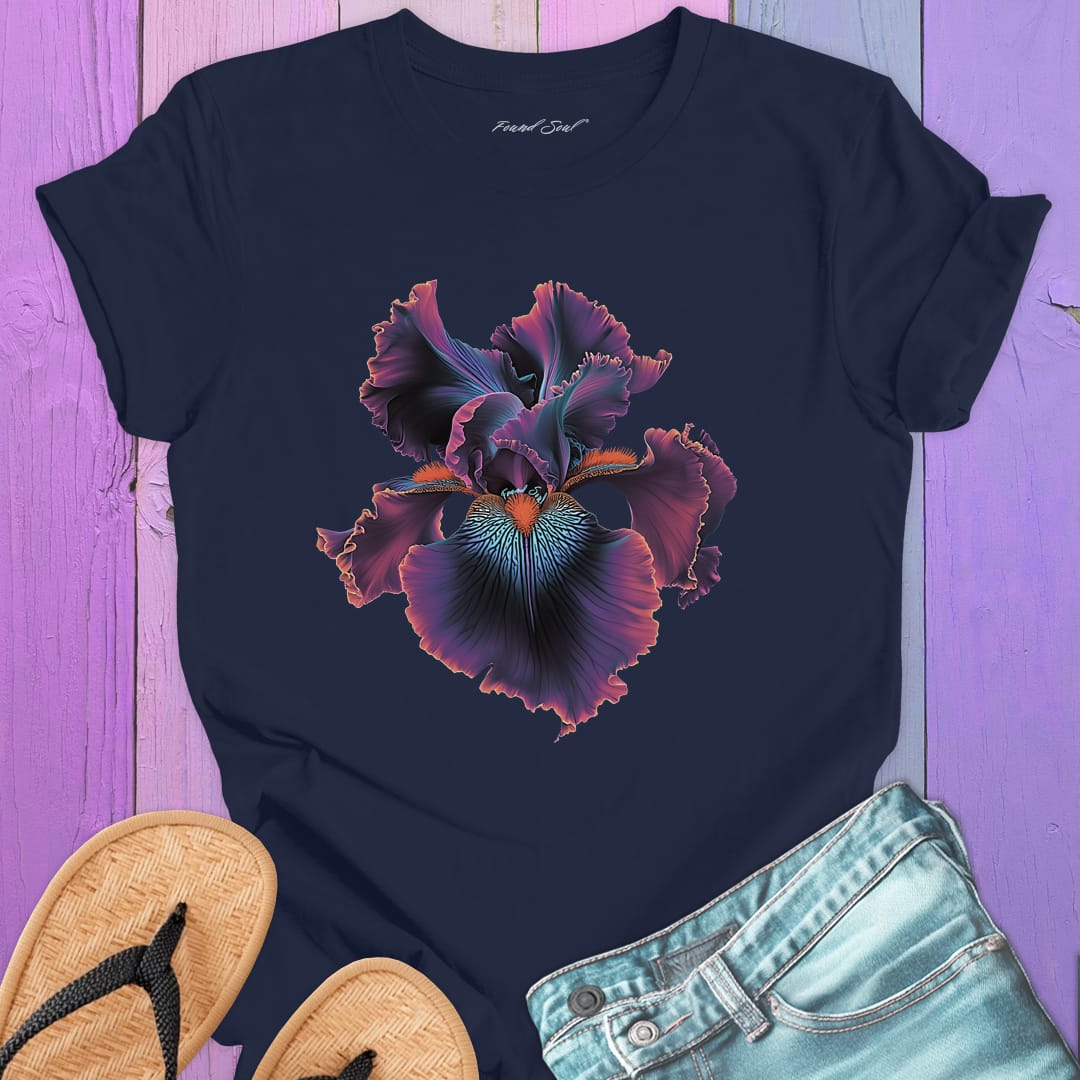 Dramatic iris flower navy t-shirt for twilight blooming threshold transformation edge dwelling spiritual radiance