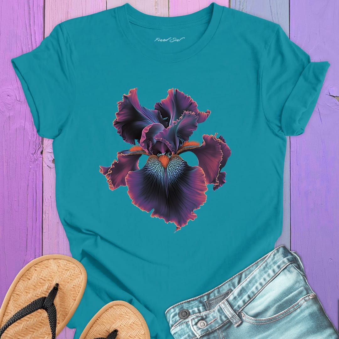 Dramatic iris flower turquoise t-shirt for twilight blooming threshold transformation edge dwelling spiritual radiance