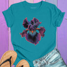 Dramatic iris flower turquoise t-shirt for twilight blooming threshold transformation edge dwelling spiritual radiance
