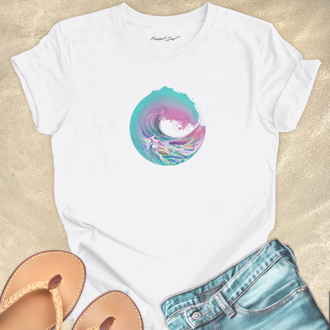 Circular wave pink teal vibrant white t-shirt for ocean flow and surrender.