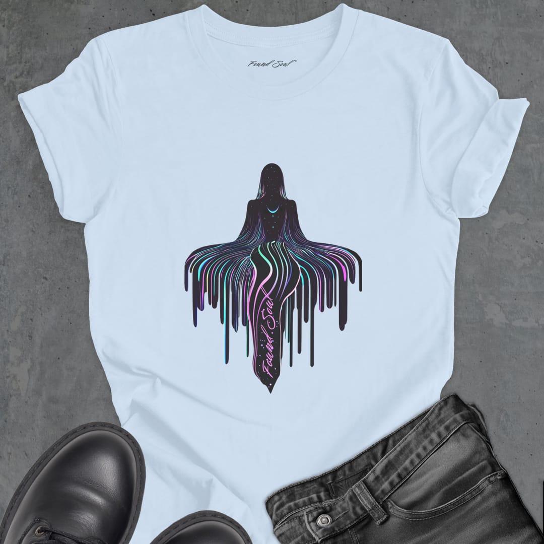 Dripping cosmic energy on light blue t-shirt for meditation surrender levitation spiritual rising