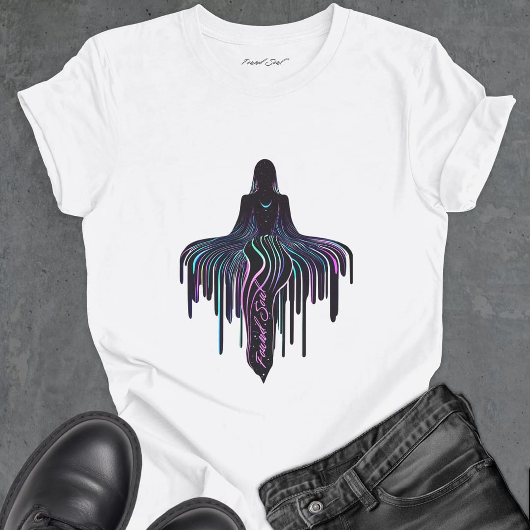 Dripping cosmic energy on white t-shirt for meditation surrender levitation spiritual rising