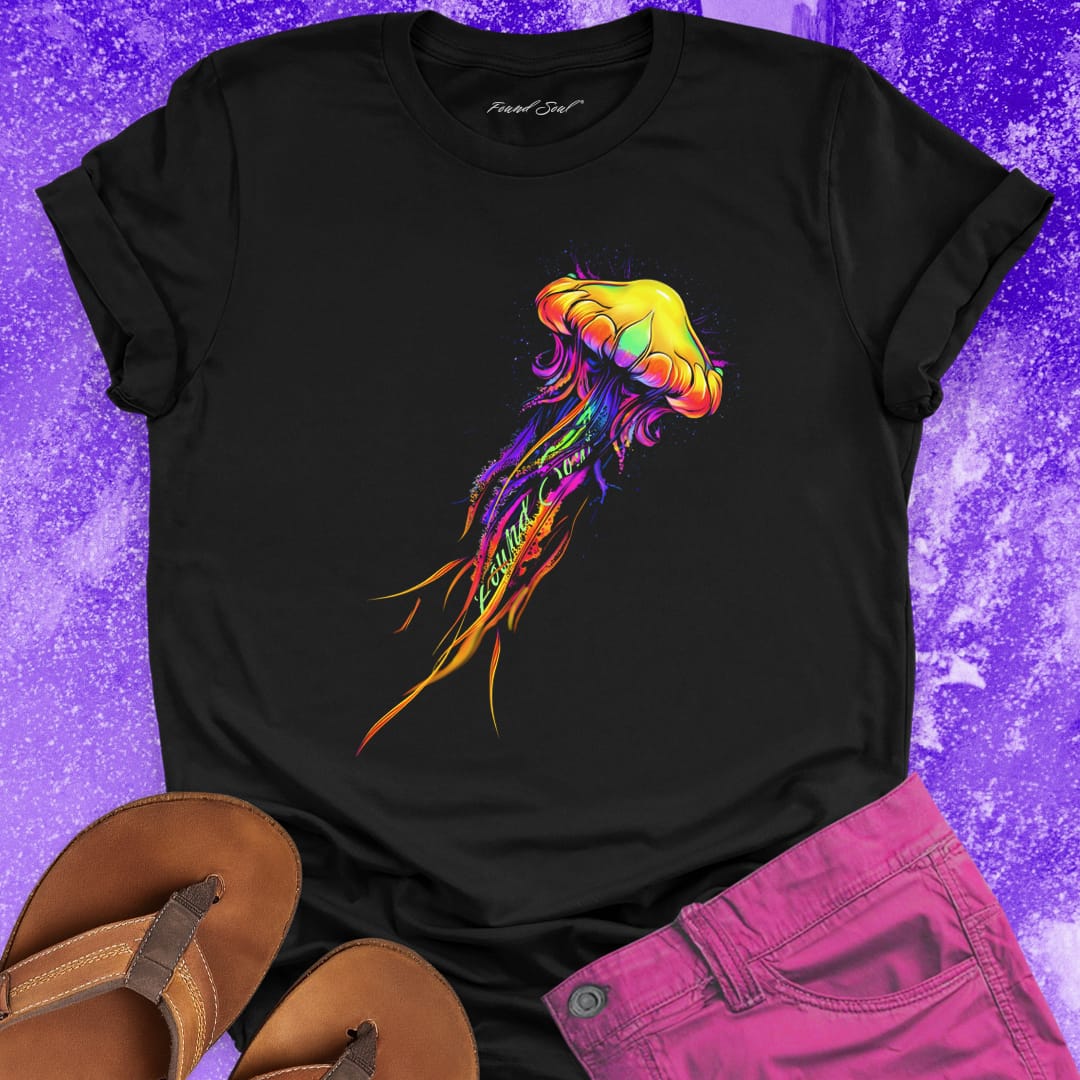 Graphic jellyfish purple and gold black t-shirt.