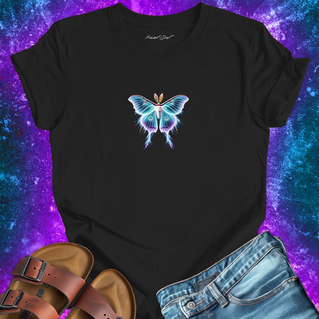 Glowing luna moth black t-shirt for transformation and metamorphosis.