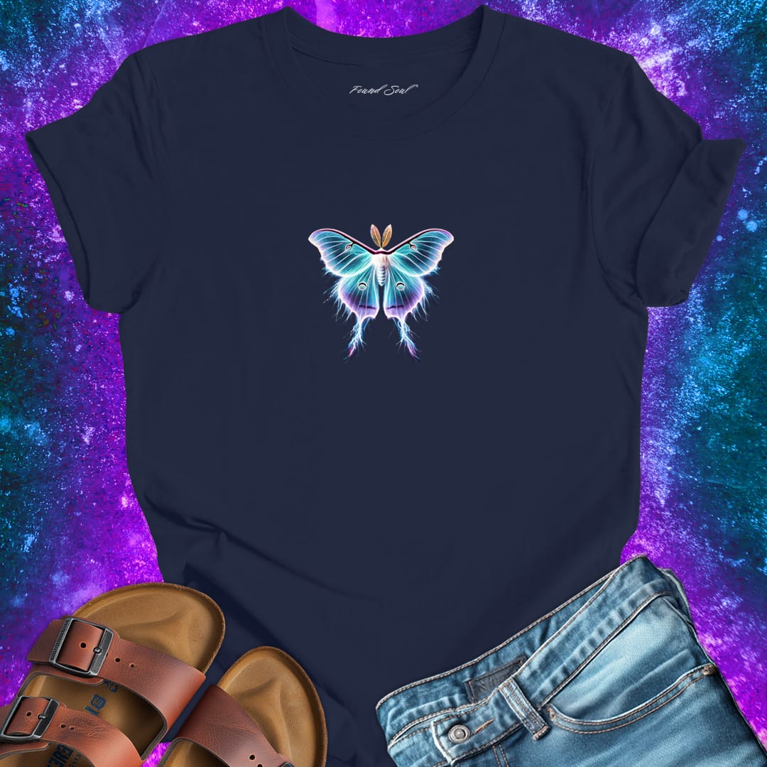 Glowing luna moth navy t-shirt for transformation and metamorphosis.