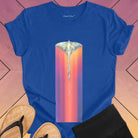 Luminous moth with extended wings gliding through blue t-shirt for lunar journey frequency travel spiritual transition