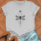 Minimalist geometric dragonfly with cosmic patterns on ice grey t-shirt for transformation metamorphosis patient change spiritual growth