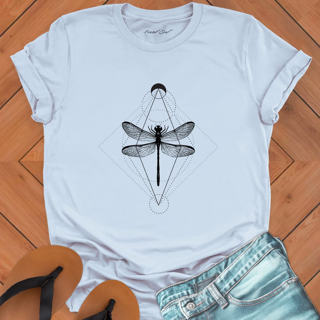 Minimalist geometric dragonfly with cosmic patterns on light blue t-shirt for transformation metamorphosis patient change spiritual growth
