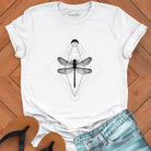 Minimalist geometric dragonfly with cosmic patterns on white t-shirt for transformation metamorphosis patient change spiritual growth