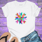 Vibrant mosaic geometric star with colorful angular pieces on white t-shirt for healing wholeness transformation sacred geometry