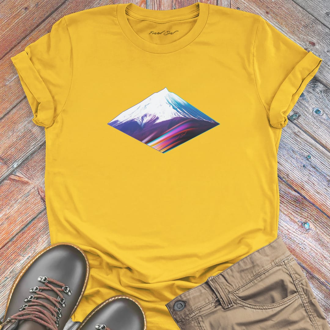 Geometric rainbow gradient diamond mountain on yellow t-shirt for peak frequency mountain geometry sacred earth energy