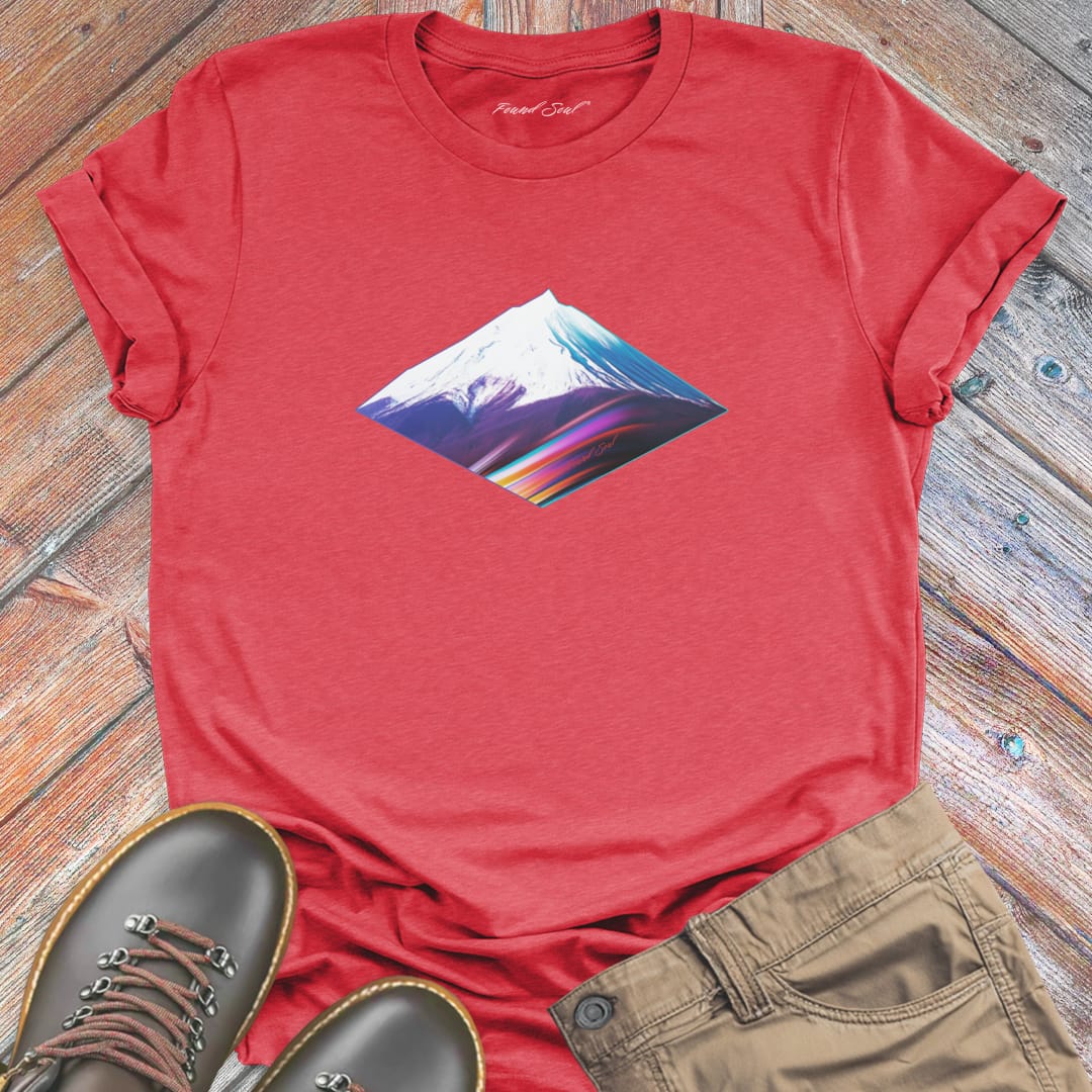 Geometric rainbow gradient diamond mountain on red t-shirt for peak frequency mountain geometry sacred earth energy