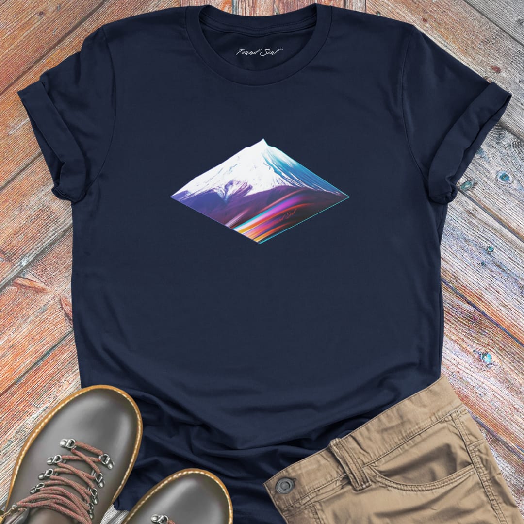 Geometric rainbow gradient diamond mountain on navy t-shirt for peak frequency mountain geometry sacred earth energy
