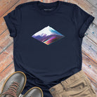 Geometric rainbow gradient diamond mountain on navy t-shirt for peak frequency mountain geometry sacred earth energy