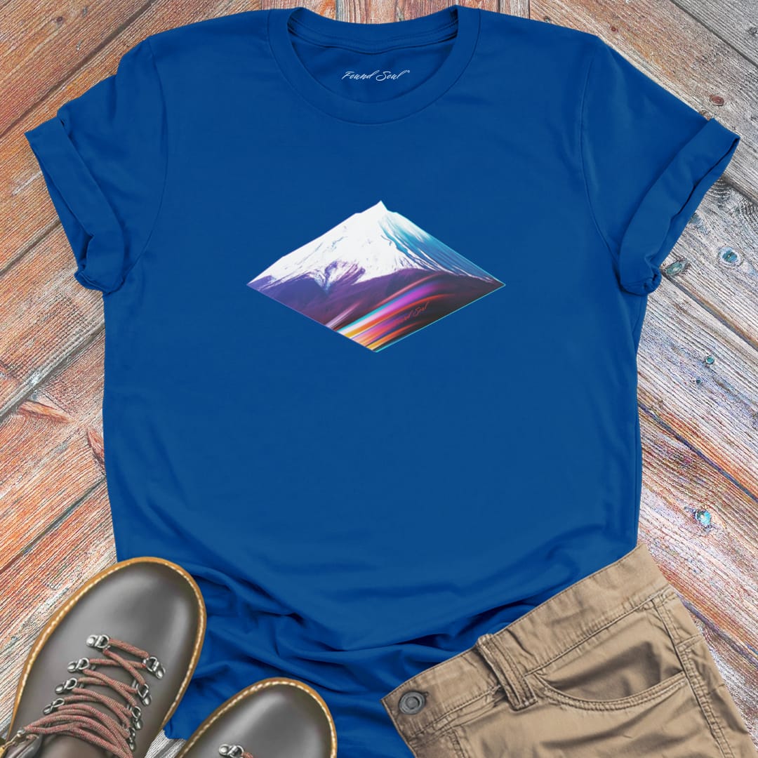 Geometric rainbow gradient diamond mountain on blue t-shirt for peak frequency mountain geometry sacred earth energy