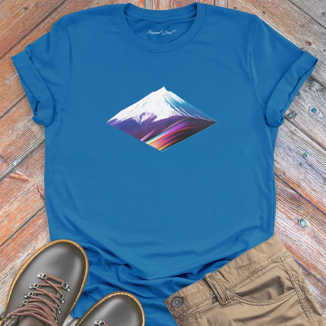 Geometric rainbow gradient diamond mountain on blue t-shirt for peak frequency mountain geometry sacred earth energy