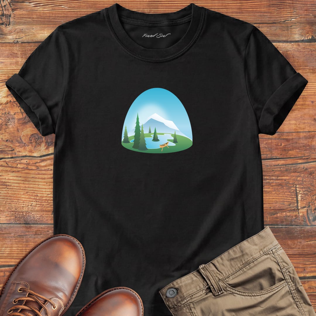Mountain landscape with forest silhouettes in green tones on black t-shirt for mountain home wilderness haven nature soul